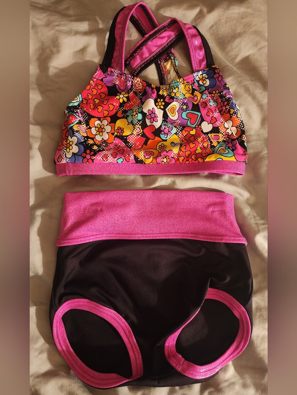 D.A. Designs Retro Heart Floral Strappy Crop Top & Briefs Dance Set Size Youth L